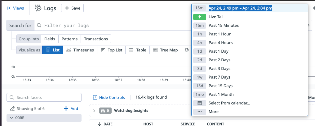 Datadog logs explorer time range